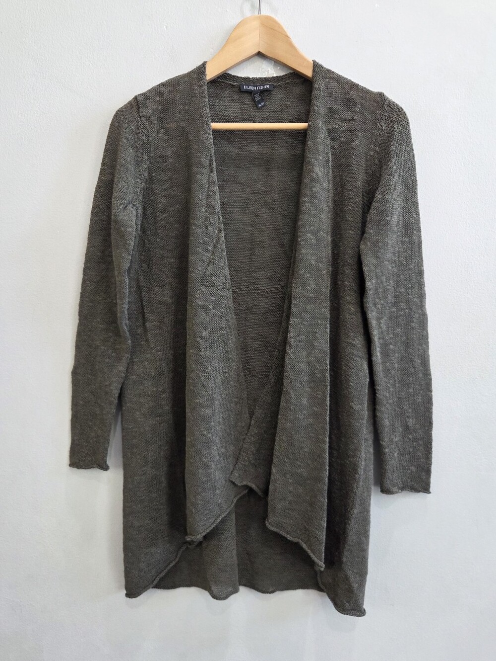 Eileen Fisher Cardigan Olive Green Open Front Knit Organic Linen Women's X-Small